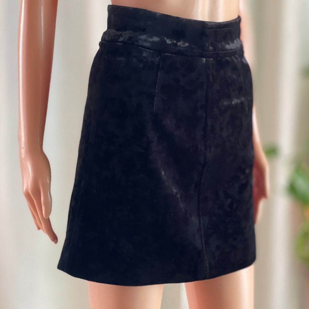 Sandro Paris Black Crushed Velvet Mini Skirt High Waisted Goth Dark Academia 0
